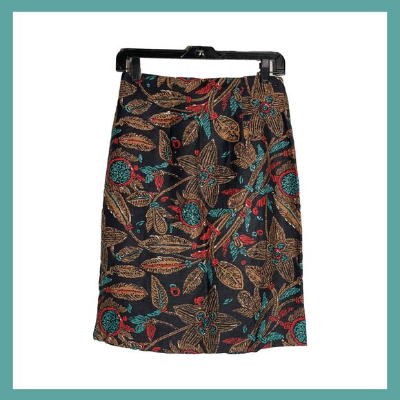 Vintage Anthony Michael Linen Blend Pencil Skirt Floral Leaf Print Black Size 8 - Picture 1 of 12